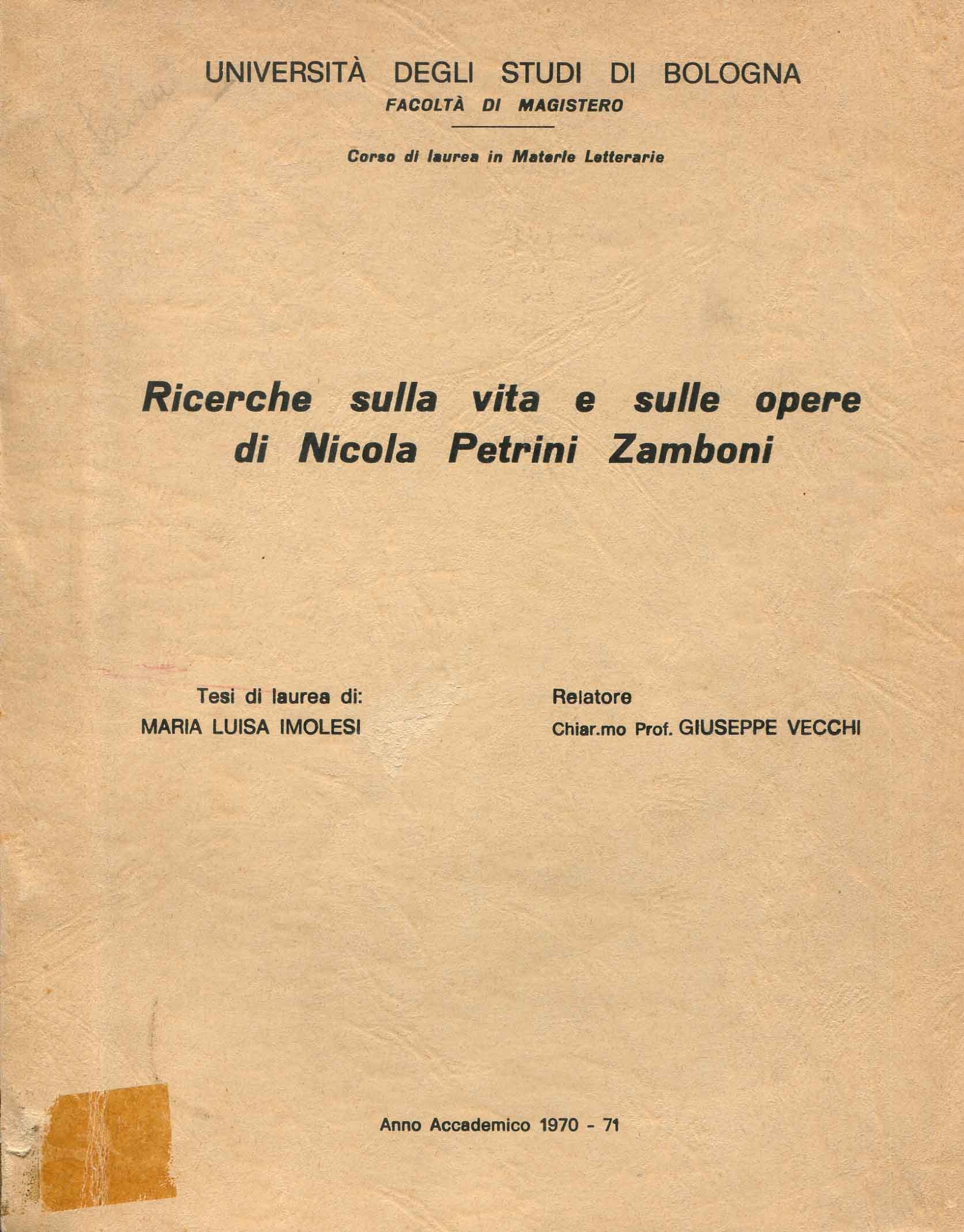 Ricerche sulla vita e sulle opere di Nicola Petrini Zamboni