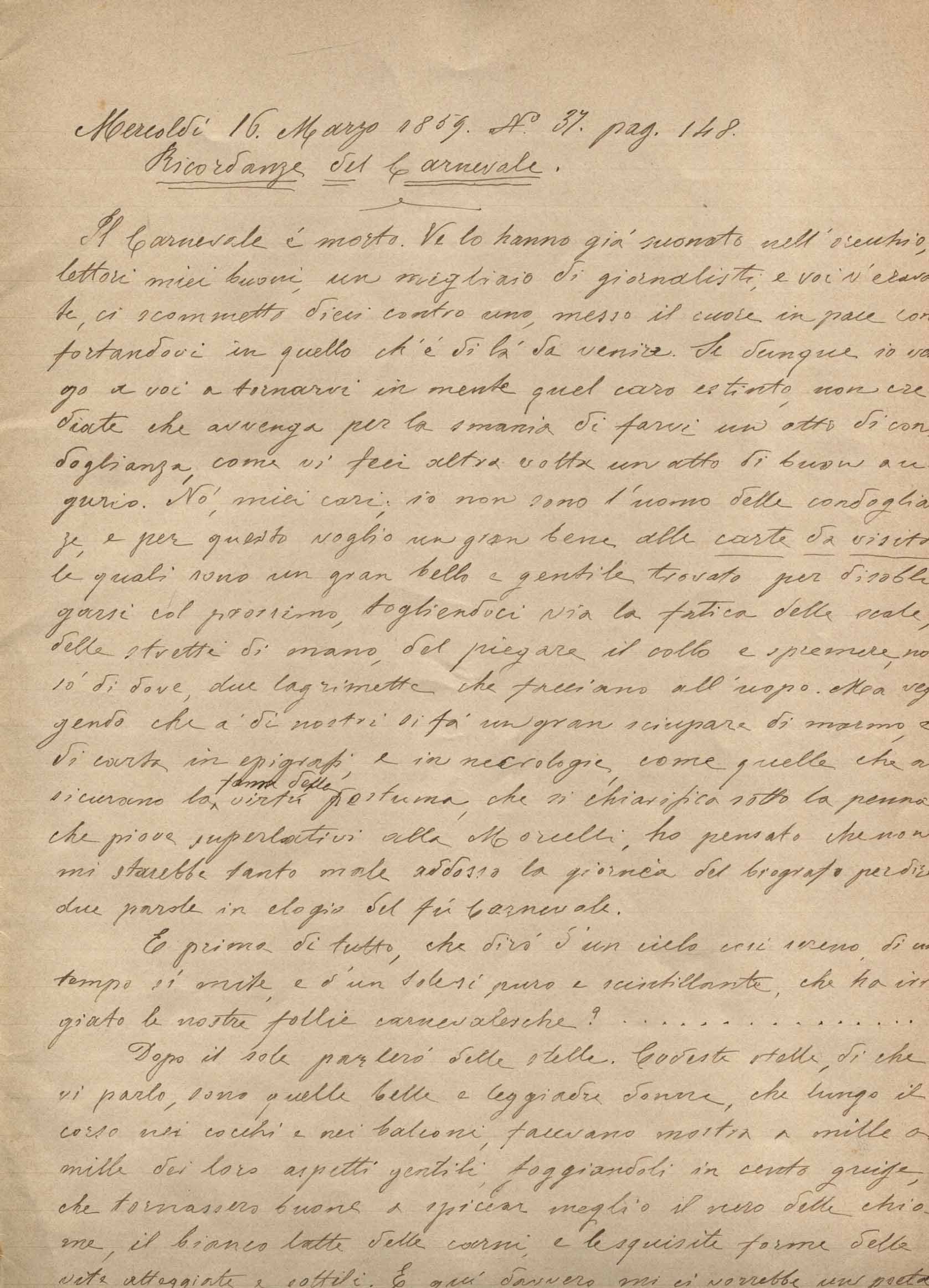 Manoscritto da «Il Filodrammatico. Giornale Scientifico, Letterario, Artistico Teatrale dell